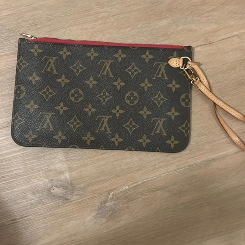 Louis Vuitton Monogram Canvas Wristlet Pouch in Brown with Red Trim